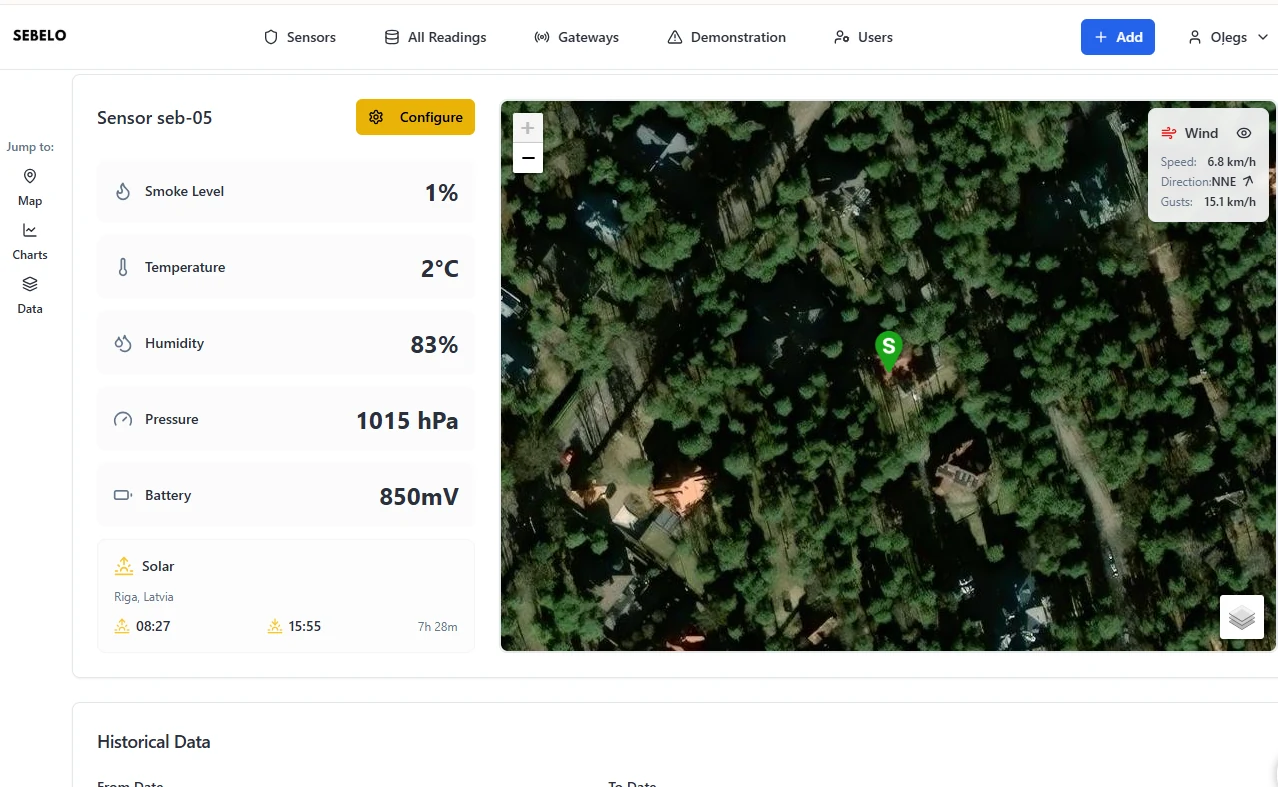 SEBELO platforma: sensora rādījumi reāllaikā blakus satelītkartei
